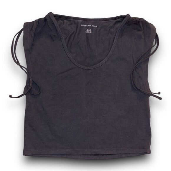 American Eagle Black Ruched Sleeve with Strings Crop Muscle Tee Size Medium - Picture 1 of 4